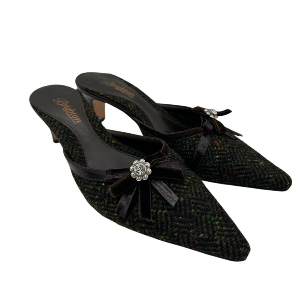 Brighton Vintage Mules Women's Size 7 M Brown Olive Tweed Velvet Bow Pointed‎
